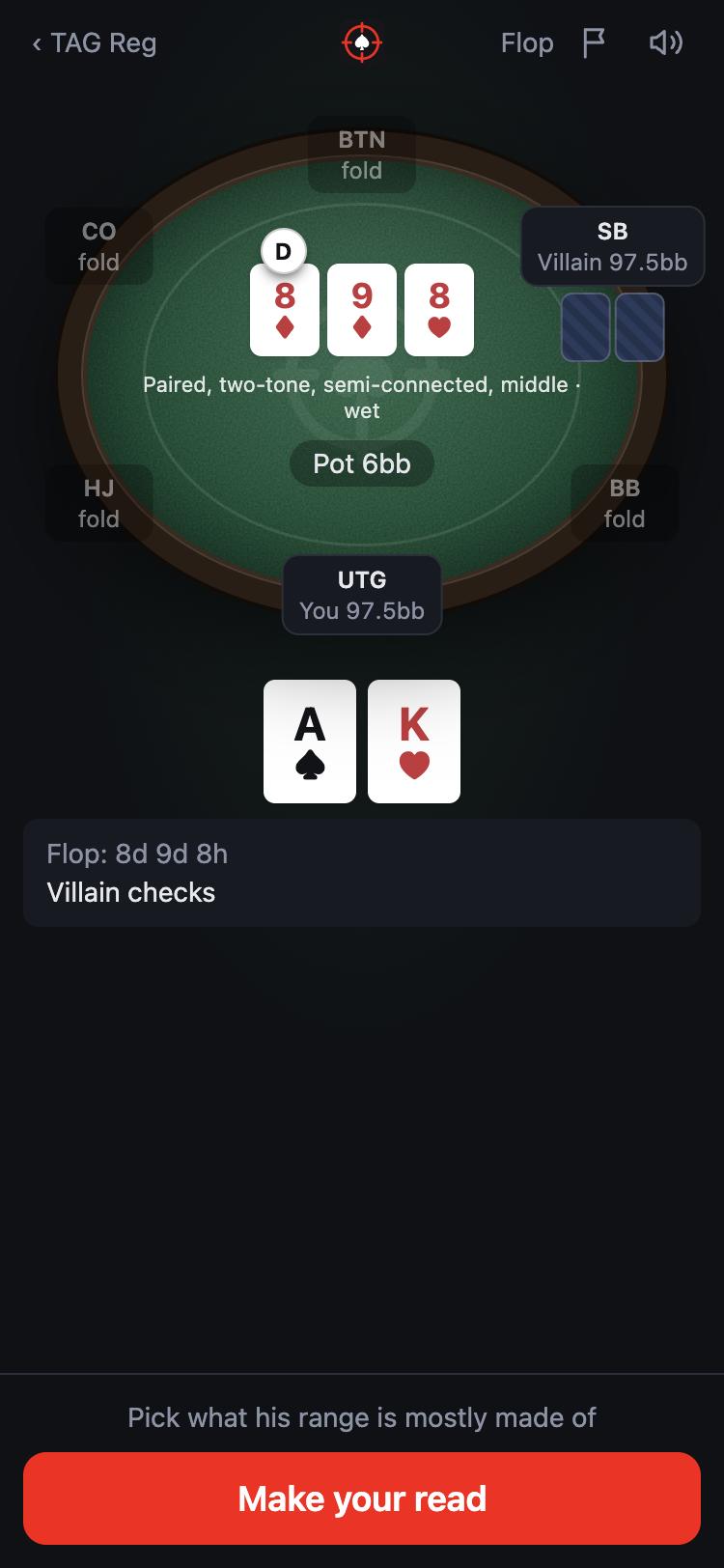 The table on the flop: the villain has checked, and a Make your read button sits at the bottom.